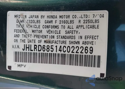 2004 Honda Cr-V Lx из США, поврежденный, VIN JHLRD68514C022269